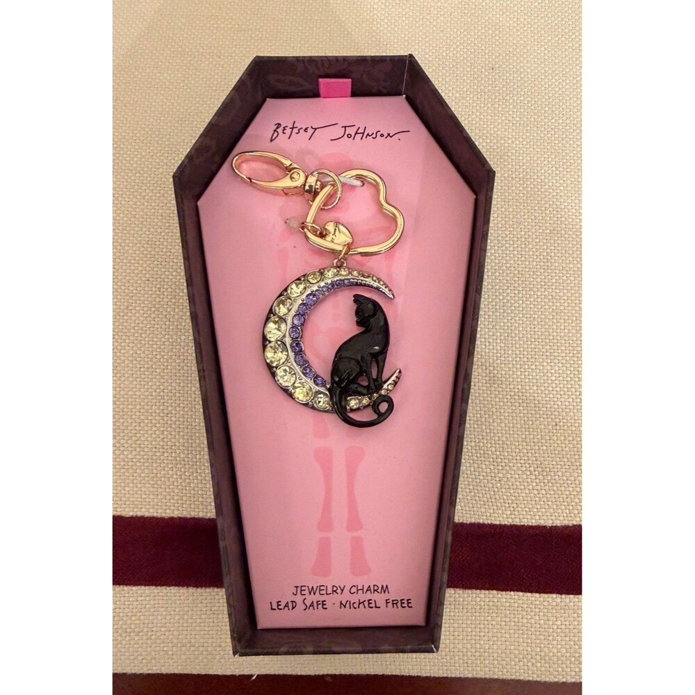 Betsey Johnson Black Cat and Rhinestone Crescent Moon Bag Charm/Keychain NWT